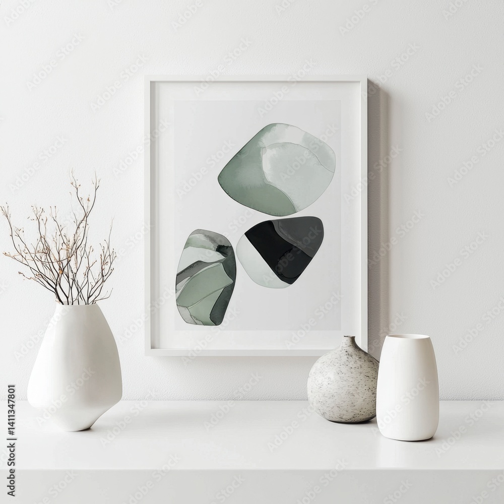 Poster abstract art print featu pebble-like shapes in shades of green and black displayed in a white frame 