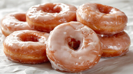 Photorealistic Glazed Classic Donuts Stacked on White Background, Delicious Pastry Treats for Food Lovers