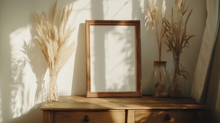 Sunlit Interior Decor with Pampas Grass and Blank Frame