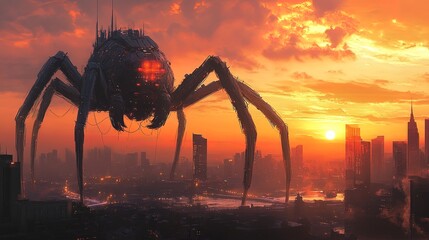 A concept art of a giant robotic spider repairing a skyscraper at sunset, glowing with futuristic tech