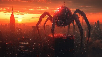 A concept art of a giant robotic spider repairing a skyscraper at sunset, glowing with futuristic tech