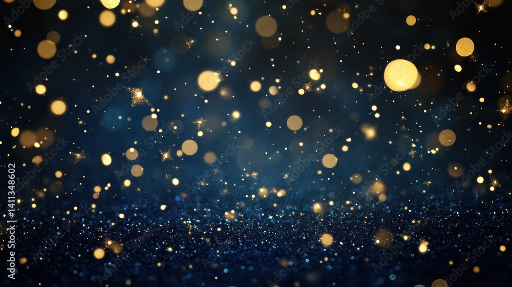 Poster ethereal golden luminescence cascading upon a canvas of deep azure, with a soft, blurred focus accen