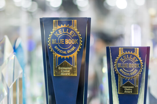 Kelly Blue book award trophies are display at Detroit Auto show.