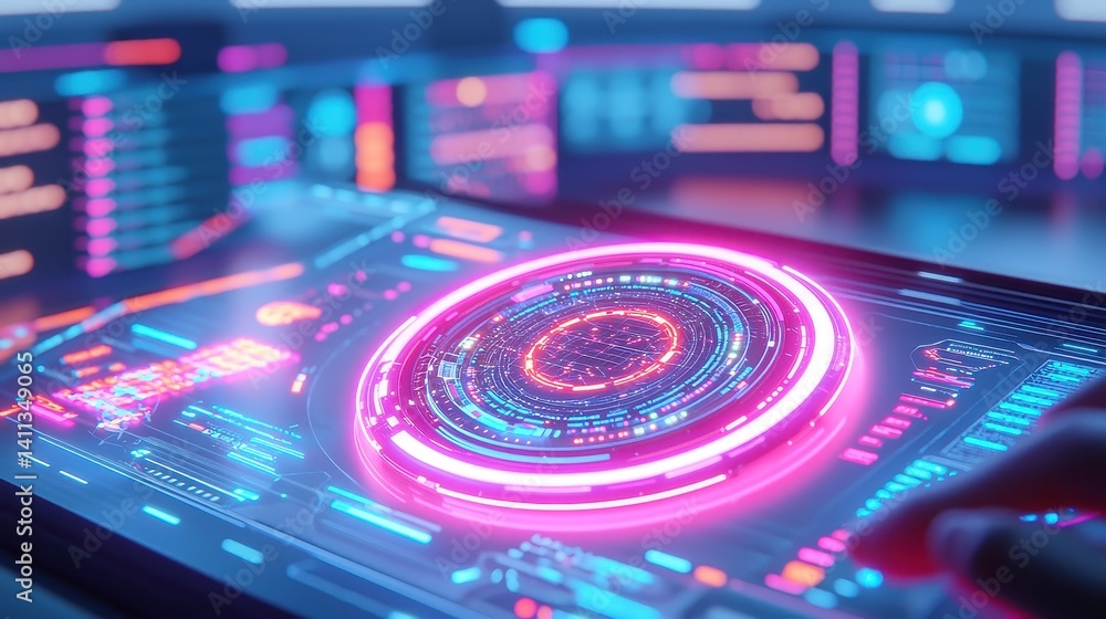 Poster holographic hashtag interface in control room, featuring rotating digital display, ai avatars overse