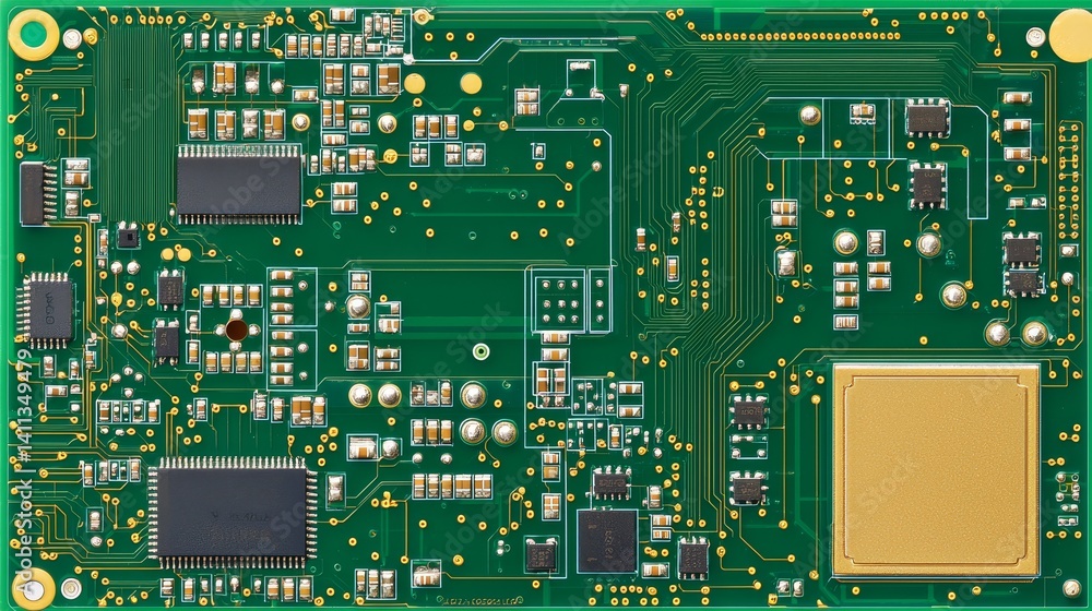 Poster intricate circuit board closeup exploring electronic components and pathways closeup