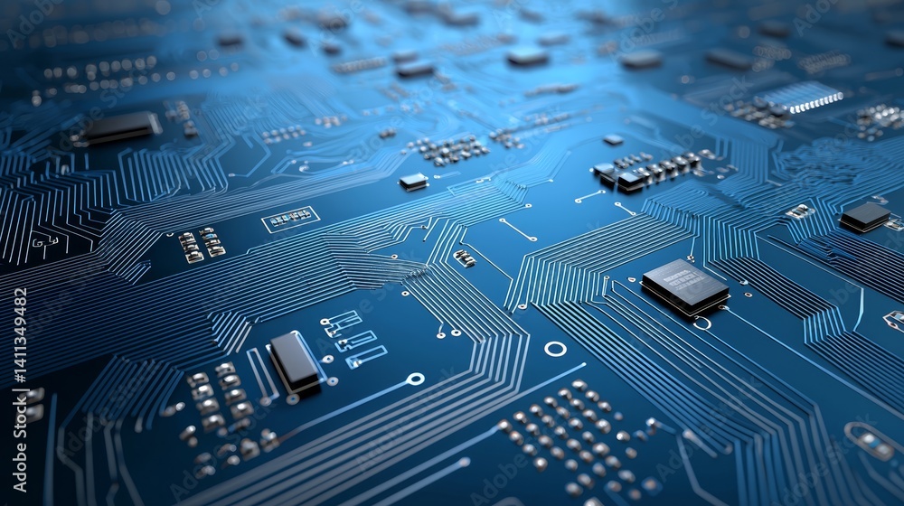 Poster intricate circuit board closeup exploring electronic components and pathways