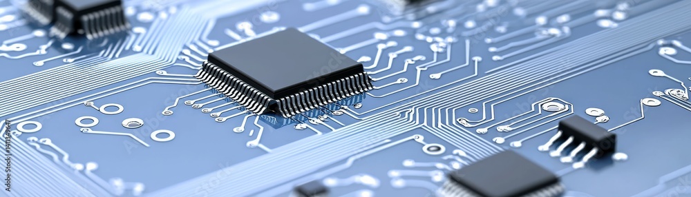 Poster closeup of computer chip on circuit board exploring the intricacies of modern technology