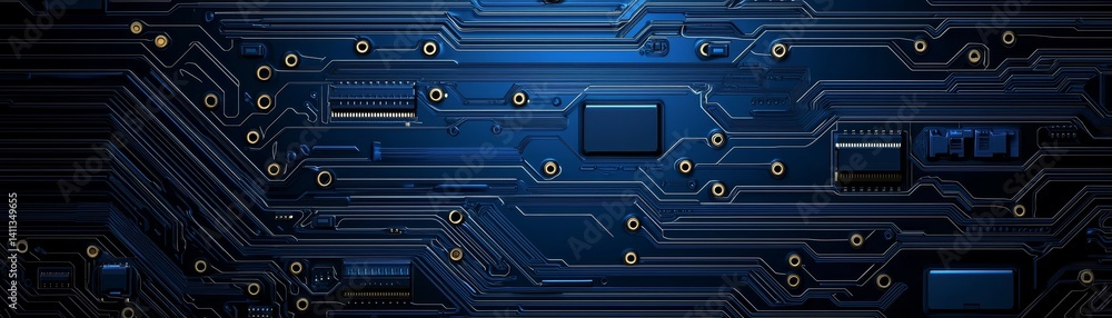Poster intricate circuit board closeup exploring electronic components pathways and technological innovatio