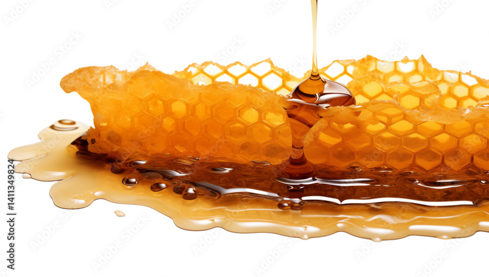 Poster honeycomb piece with honey dripping down and pooling around it on a transparent background close up 