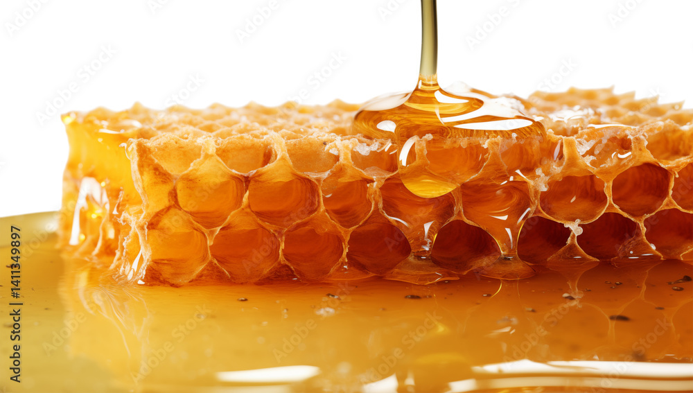 Poster Close up of honey dripping onto a honeycomb with a transparent background and a pool of honey below png