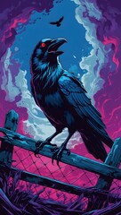 Obraz premium a crow, standing and screaming defiantly on the fence and the sky is blue, crimson and purple