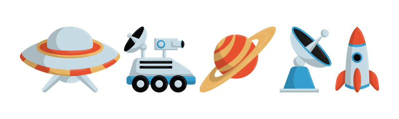 A group of vector images showcases a rocket, planet, rover, satellite dish and a UFO in a cartoon style. Great for themes like space exploration. © Pix