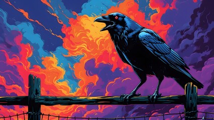 a crow, standing and screaming defiantly on the fence and the sky is blue, crimson and purple