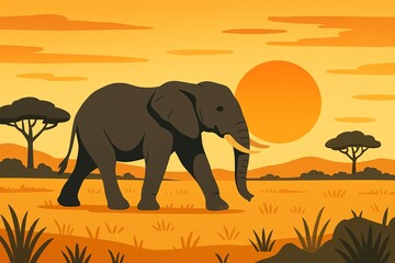Fototapeta premium Illustration of an elephant walking through the savanna at sunset with acacia trees and orange sky