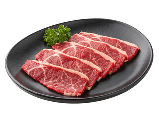 Fresh beef in black plate isolated on a white background.