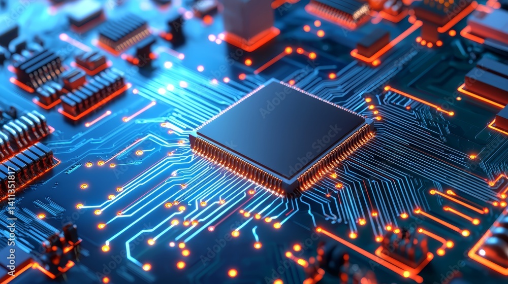 Poster intricate closeup computer chip on circuit board tech innovation and hardware power