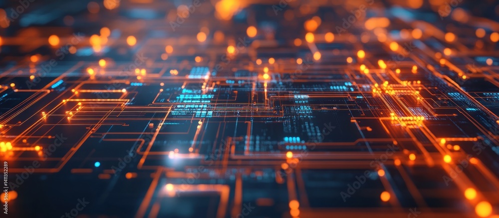 Poster futuristic interconnected network illustration with glowing lines and nodes representing the flow of