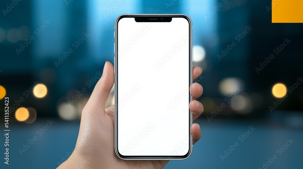 Poster hand holding smartphone with blank white screen perfect mockup for mobile app or website ui design