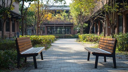 Obraz premium Two wooden benches are placed on a brick walkway in a park