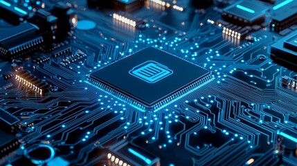 Fototapeta premium Intricate blue circuit board detailed view of electronic components connections and technological innovation