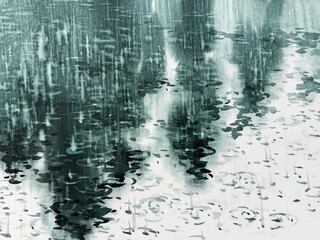 Rainy background painted in dark green watercolor