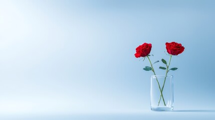 Elegant still life two red roses in vase against serene blue background