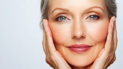 Fototapeta premium portrait showcasing a mature woman's natural radiance and gracefully aging complexion with soft lighting emphasizing her beautiful skin and elegant features highlighting skincare and self acceptance
