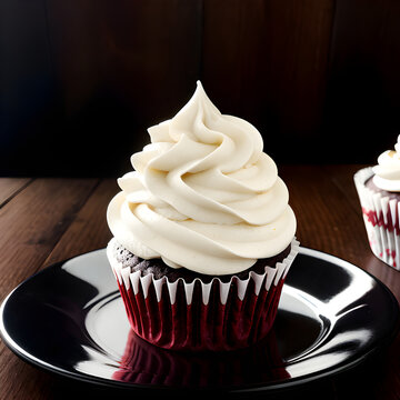 2 red velvet cupcakes in white liners, topped with fluffy white icing, placed on a black plate.