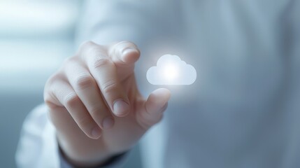 Naklejka premium Cloud computing visualization person interacts with touchscreen interface person
