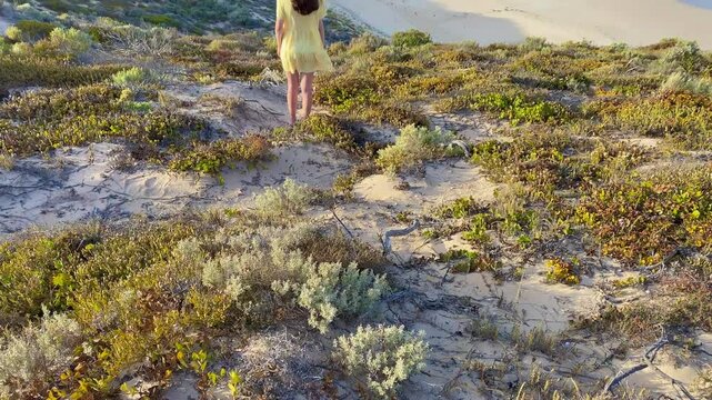 girl stands and admires long sandy beach between west cape lookout and Ethel Wreck Beach with powerful waves. Dhilba Guuranda-Innes National Park, Yorke Peninsula, south australia