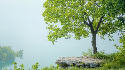 Fototapeta premium Serene misty lake with solitary tree captivating scene of natural beauty and tranquility
