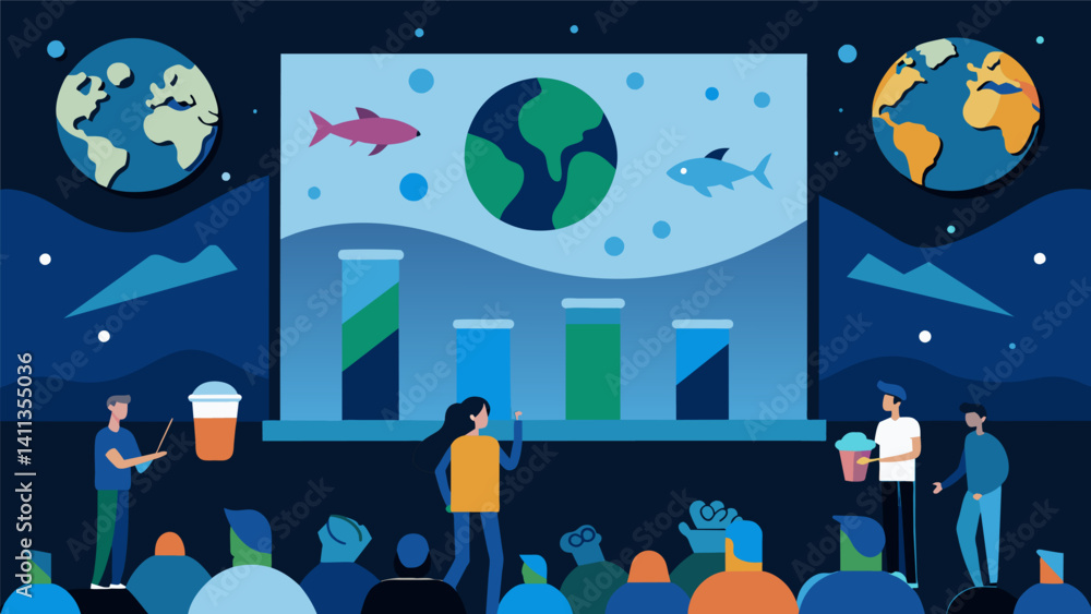 Poster a series of data visualizations projected onto a giant screen at a music festival highlighting the i