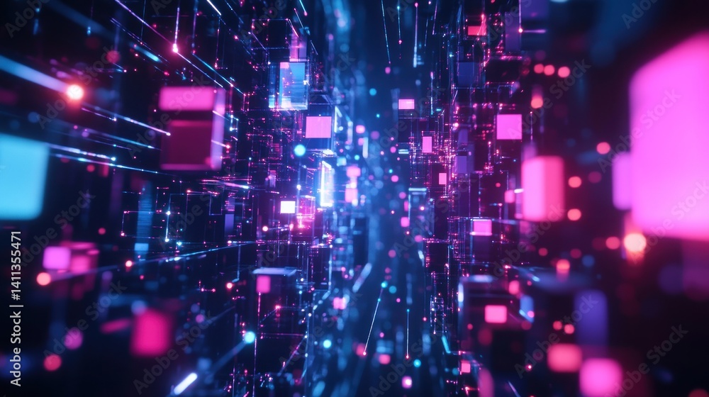 Poster abstract digital landscape showcasing interconnectedness and futuristic architecture with glowing ne