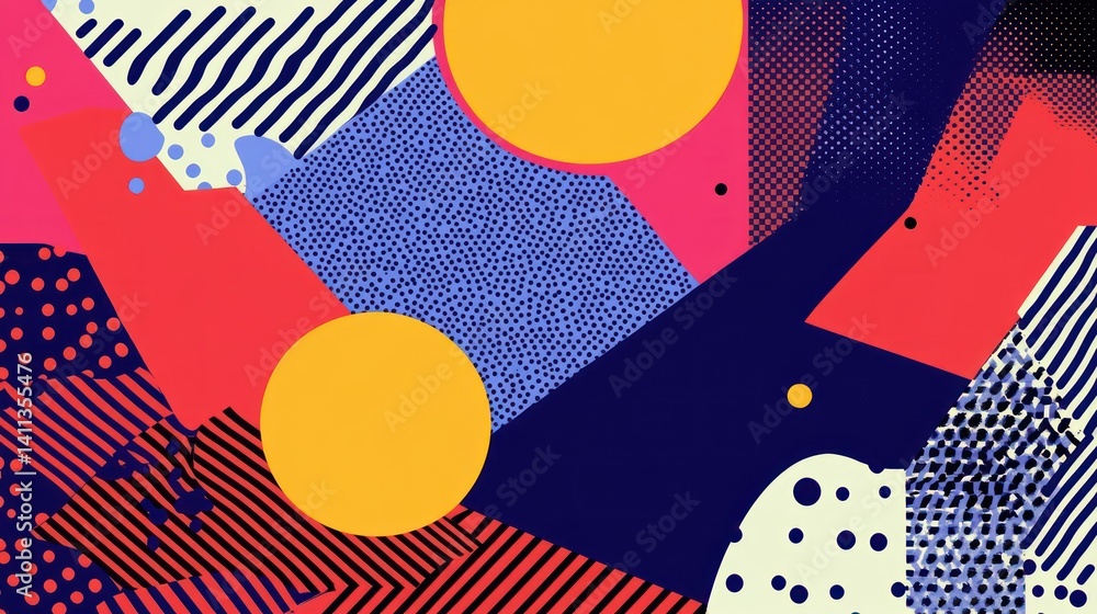 Poster dynamic geometric composition with contrasting colors and varied patterns creating a bold and energe