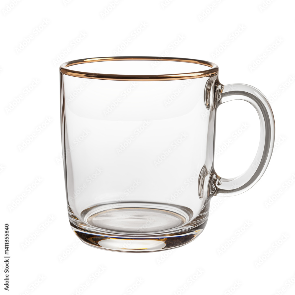 Poster a clear glass mug with a gold rim and handle against a plain black and white background image view p