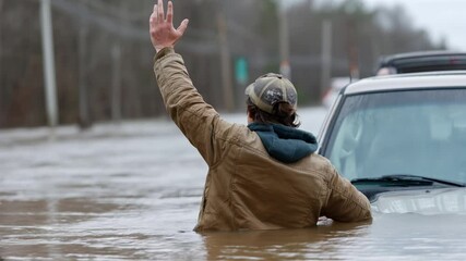 Stranded Man in Flood: A man stands amidst a flooded road, submerged waist-deep in the rising water, his arm raised in a gesture of distress and seeking assistance in a moment of crisis.