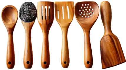 Wooden Kitchen Utensils:  A collection of meticulously crafted wooden kitchen utensils, showcasing the natural beauty and warmth of the material, are arranged to entice culinary enthusiasts.