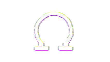 Icon omega is distorted. Glitch. Noise, chromatic aberration, geometric distortion