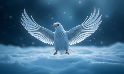 Fototapeta premium A white bird with its wings outstretched in snow.