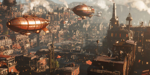 Fototapeta premium Steam-Powered Industrial City with Airship Wallpaper Background for Retro-Futuristic, Sci-Fi, or Steampunk Design Projects