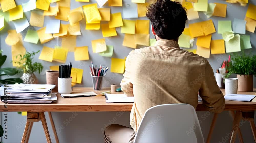 Poster man working at desk with sticky notes: a focused individual sits at a desk, surrounded by numerous y