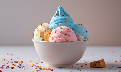 A white bowl contains three scoops of ice cream.
