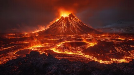 Fototapeta premium Volcano erupting with fiery lava flows