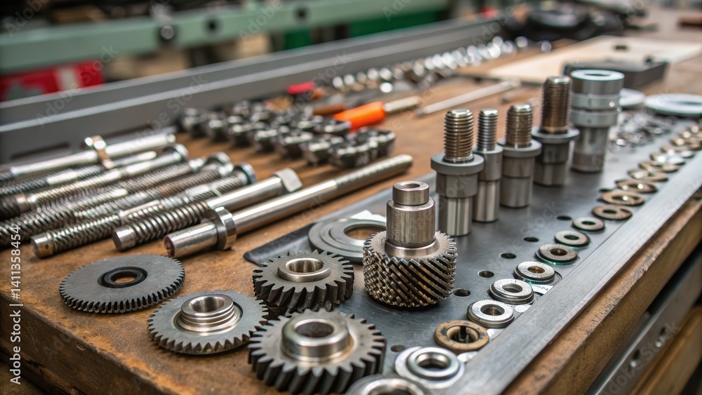 Poster mechanical assembly engineering manual concept. industrial tools and gears arranged neatly on a work
