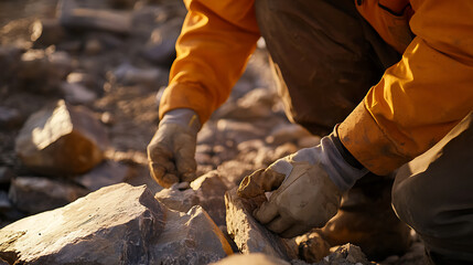 Mining worker inspecting geological samples at an excavation site. Featuring sample collection and geological assessment