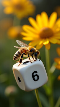 A bee rests on a white die&rsquo;s six-dot, surrounded by blurred flowers. Nature meets precision in stark contrast.