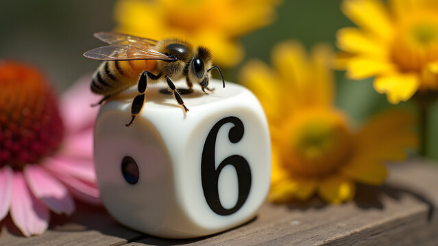 A bee rests on a white die&rsquo;s six-dot, surrounded by blurred flowers. Nature meets precision in stark contrast.