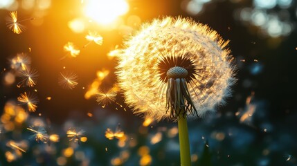 a radiant dandelion glows in the golden light casting its ethereal seeds adrift against a soft bokeh background symbolizing new beginnings and the fleeting beauty of nature