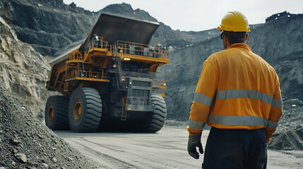 Mining worker inspecting machinery for safety and functionality in a mining facility. Featuring safety and inspection