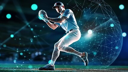 Futuristic Baseball Player with Digital Overlay, Modern Sports Technology - Powered by Adobe